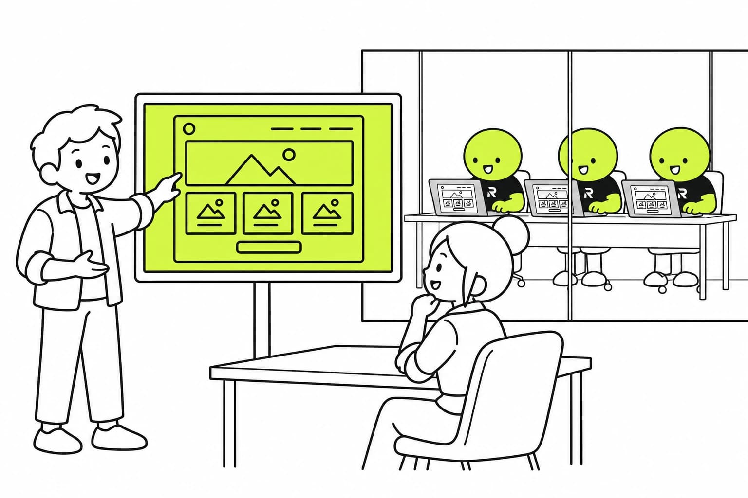 Una agencia presenta una web en una pantalla grande a su cliente; tras un cristal, tres muñecos del estudio la construyen en sus portátiles sin ser vistos.