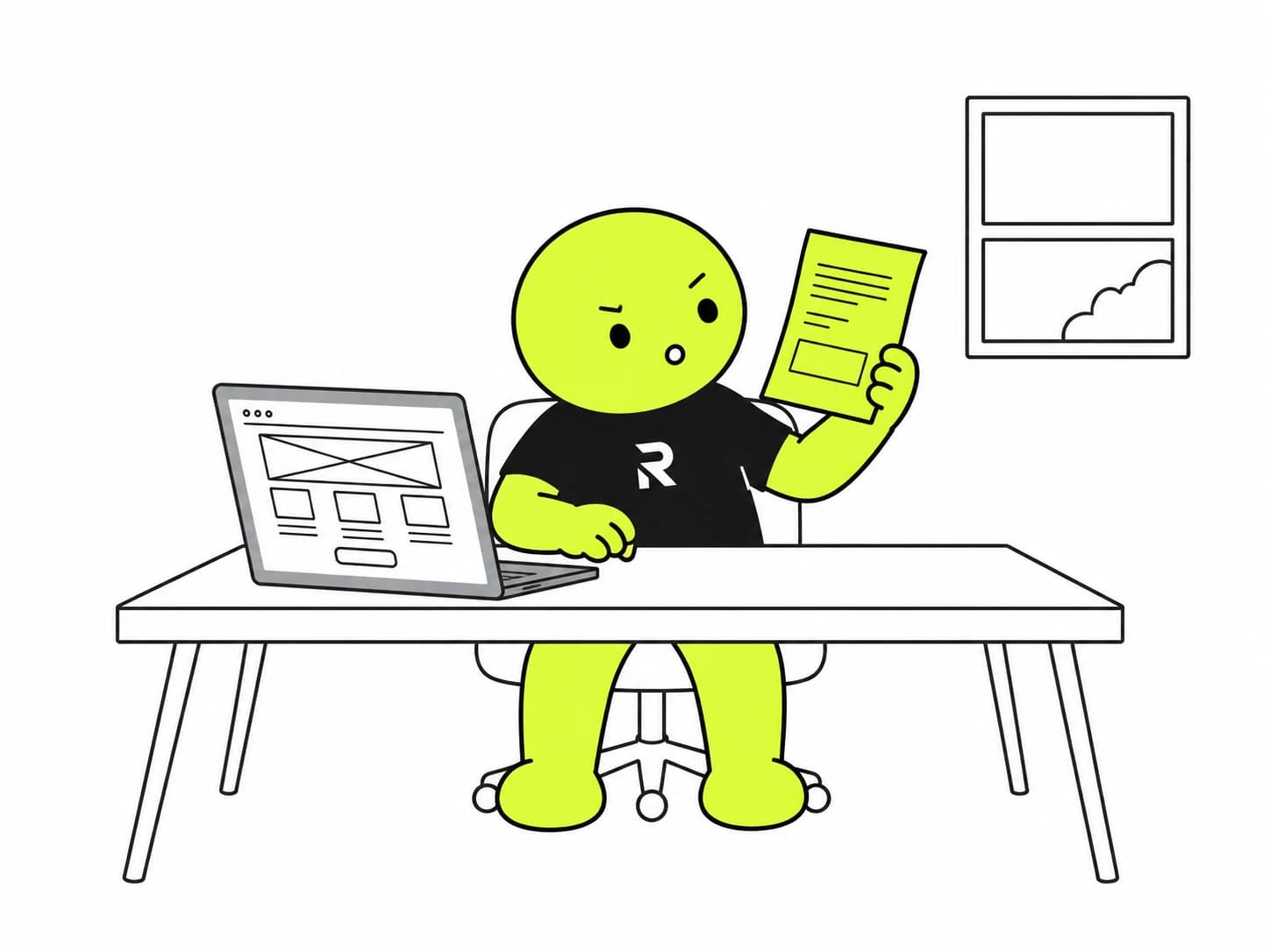 El muñeco del estudio, solo, ante un escritorio con una web de plantilla en la pantalla y una factura en la mano, con gesto de que algo no cuadra.