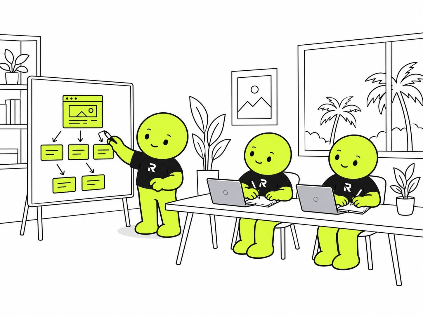 Un muñeco del estudio dibuja la estructura de una web en la pizarra mientras otros dos, sentados con portátiles, toman notas.