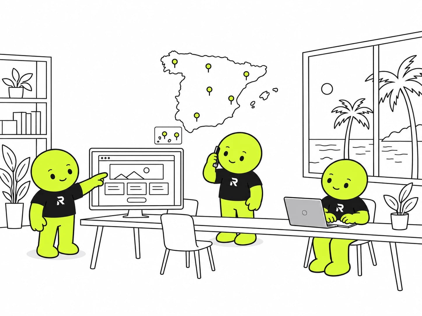 Tres muñecos del estudio trabajando en la oficina; en la pared, un mapa de España y Canarias con chinchetas, y por la ventana palmeras y mar.