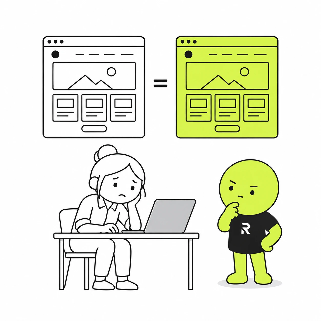 Una dueña de negocio mira resignada su portátil: su web es idéntica a la del competidor de al lado.